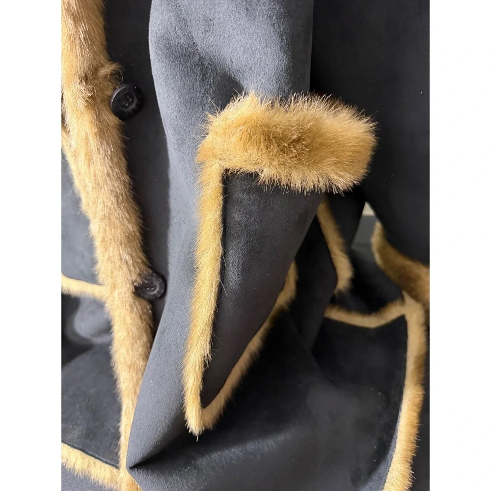 Dennis Basso‎ Faux Shearling Hooded Coat 1X Black Brown Excellent Faux Suede Fur - Picture 2 of 8